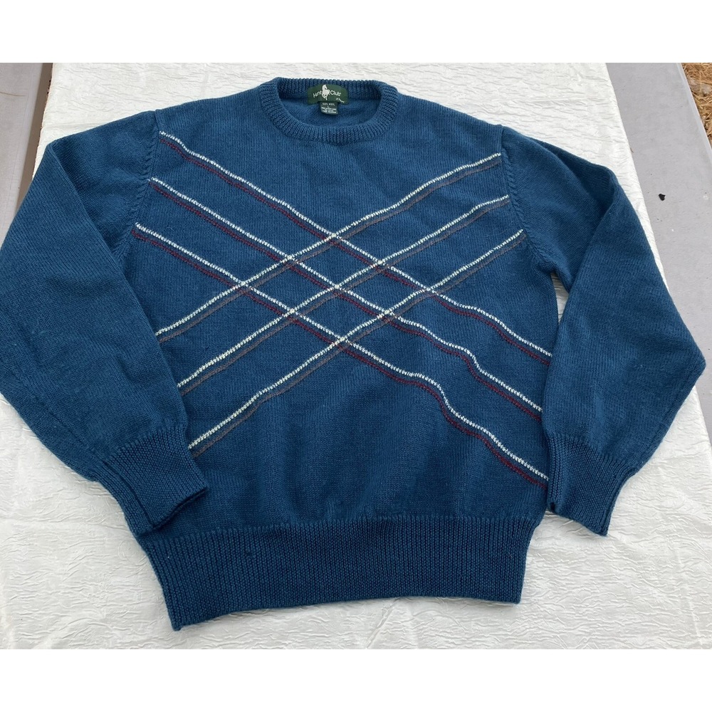 Hunt Club JCPenney Mens Blue 100% Wool Striped Crew Neck Sweater Large Vintage